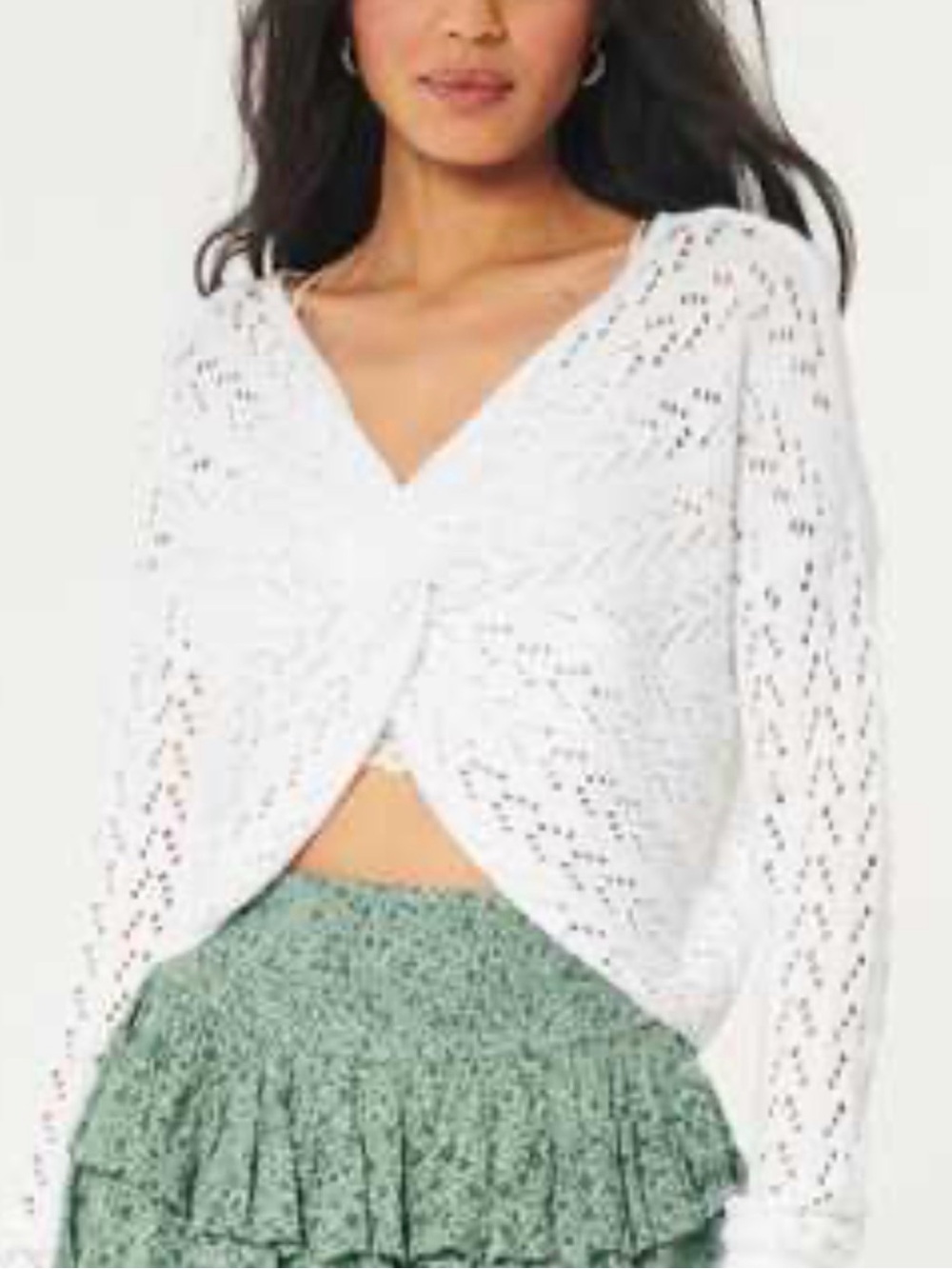 NEW Hollister Women's White Knit Twist Front V-Neck Sweater Top Small S Crochet